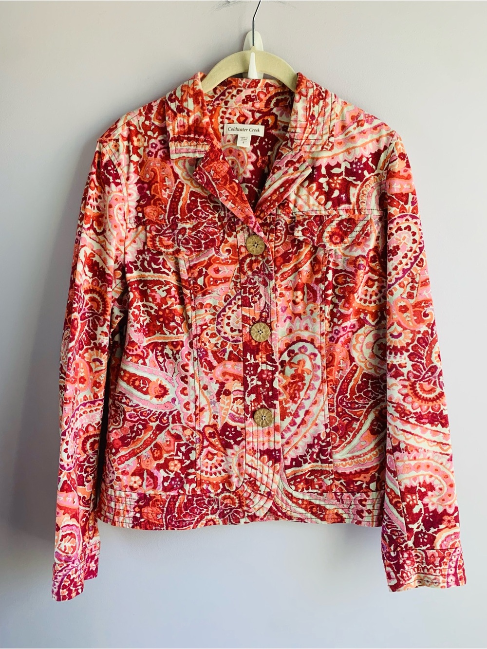 Coldwater Creek Jacket Pink Orange Sunset Paisley Button Front Cotton Medium